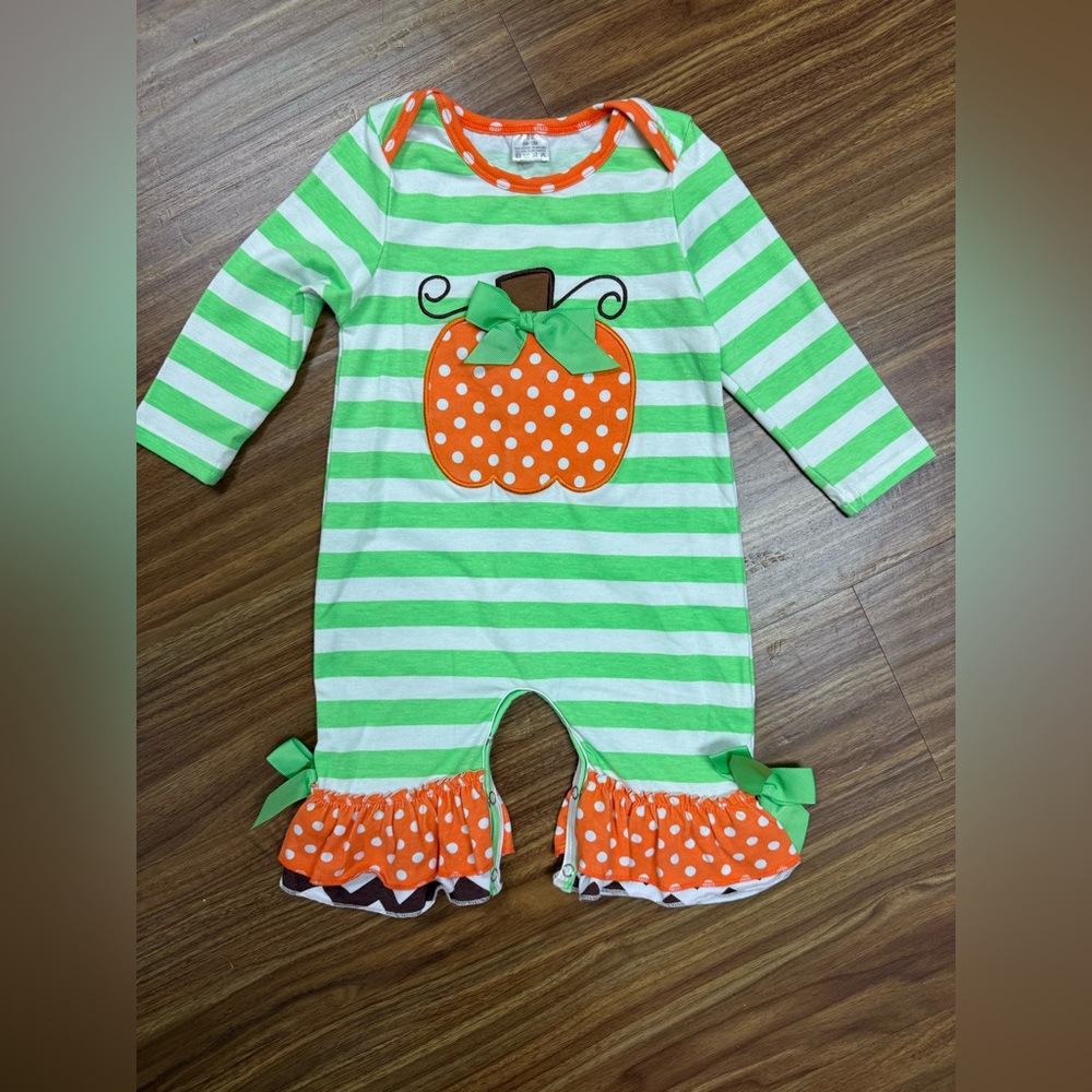 Boutique- Kids One-Piece Green & Orange Striped Pumpkin Romper